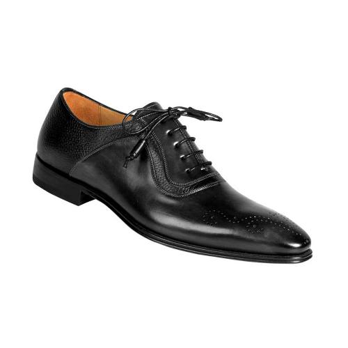 Mezlan "Tito" Black Deer Skin / Calfskin Leather Medallion Toe Oxford Shoes 6378