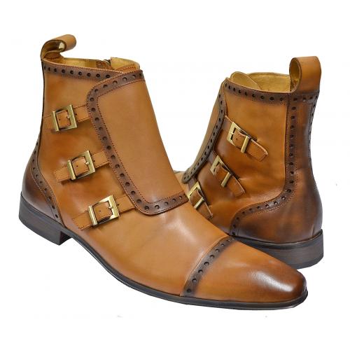Carrucci Cognac Calfskin Leather Boots With Three Monk Straps KB8018-16