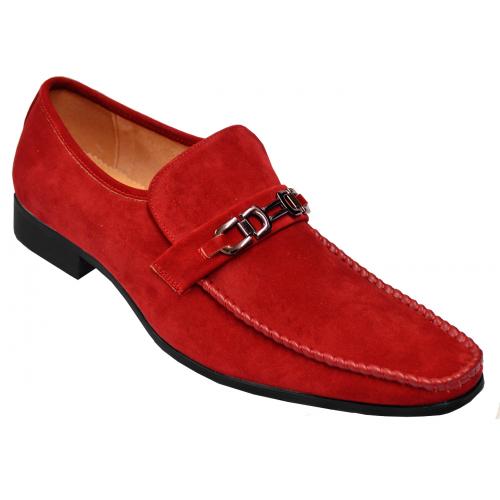 UV Signature Red Microsuede Genuine Leather Lined Loafer Shoes With Red Piping / Gunmetal Bracelet UV014
