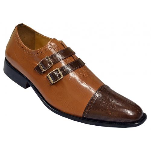 Liberty Brown Combo Eel Print PU Leather Cap Toe Double Monk Strap Shoes LS-1048