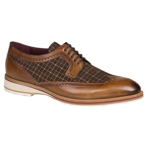Mezlan "Paulov" 6752 Cognac / Brown Genuine Printed Suede / Burnished Calfskin Wingtip Oxford Shoes.