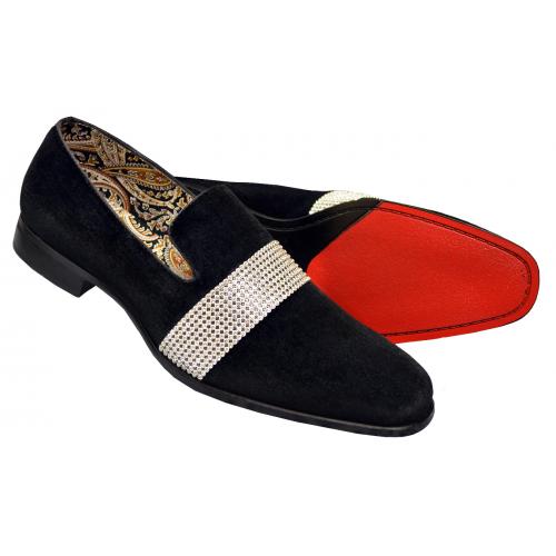 Antonio Cerrelli Black / Silver Velvet Slip-On Loafer Shoes With Rhinestone Bracelet 6715