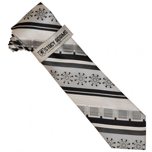 Stacy Adams White / Black / Silver Floral / Striped Silk Necktie / Hanky Set SA205