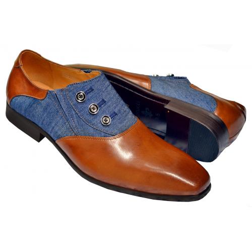 Carrucci Cognac / Denim Blue Genuine Leather Spat-Style Shoes With Buttons KS524-12DC