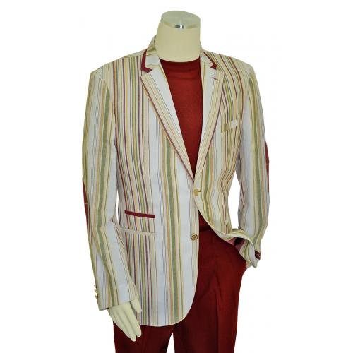 Silversilk White / Burgundy / Beige / Green Striped Linen / Cotton Blazer With Elbow Patches 2538JKT