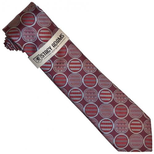 Stacy Adams Burgundy / Grey Circular Design Silk Necktie / Hanky Set SA217