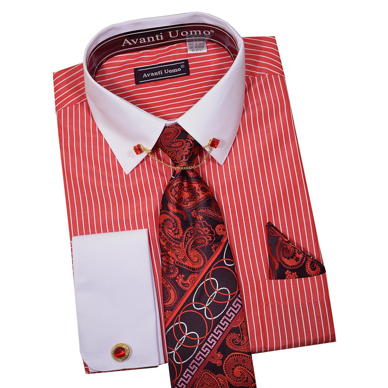 Avanti Uomo Red / White Pinstripe Dress Shirt / Tie / Hanky / Cufflinks ...