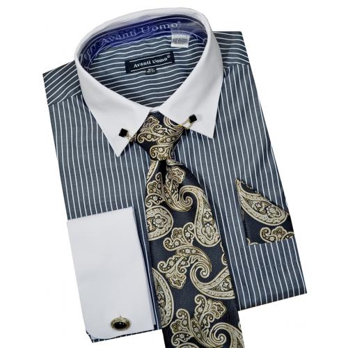 Avanti Uomo Black / White Pinstripe Dress Shirt / Tie / Hanky / Cufflinks / Collar Bar Set DN77M