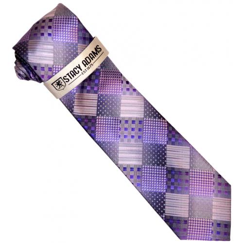 Stacy Adams Lavender / Grey Multi Pattern Checkered Silk Necktie / Hanky Set SA216