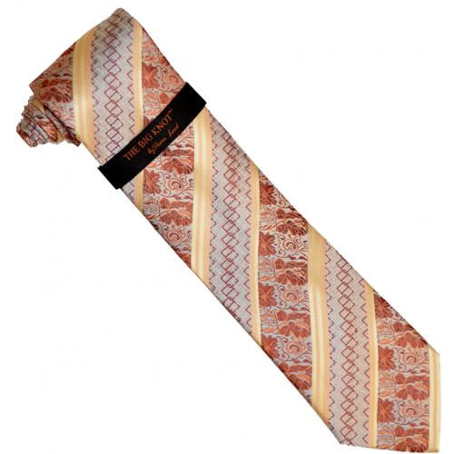 Steven Land "Big Knot" BW1722 Rust / Grey / Beige Striped Floral Design Silk Necktie / Hanky Set
