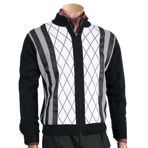 Inserch Black / White PU Leather Multi Pattern Zip-Up Sweater 424