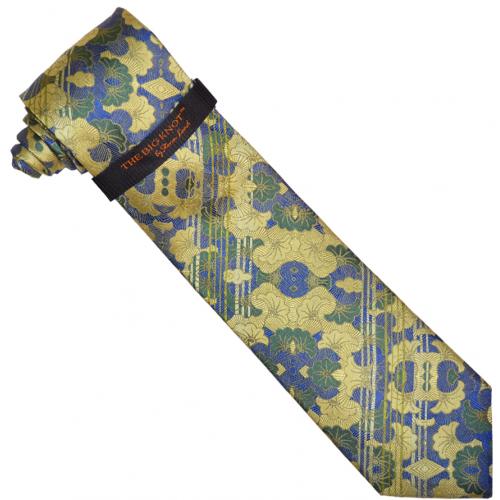 Steven Land "Big Knot" BW718 Green Multi / Blue Striped Floral Design Silk Necktie / Hanky Set