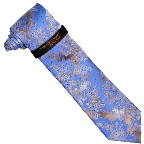 Steven Land "Big Knot" BW716 Blue / Gold / White Floral Design Silk Necktie / Hanky Set