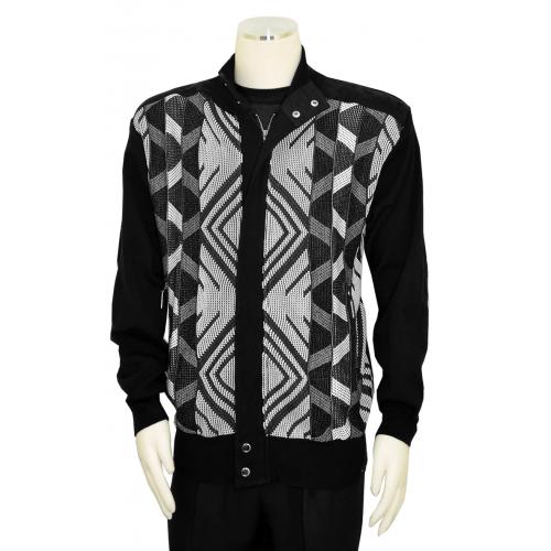 Silversilk Black / White / Grey Multi Pattern Zip-Up Knitted Sweater With Elbow Patches 3228