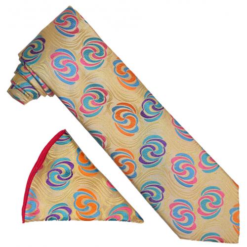 Verse 9 Tan / Multi Color Abstract Design Silk Necktie / Hanky Set NS2019-7
