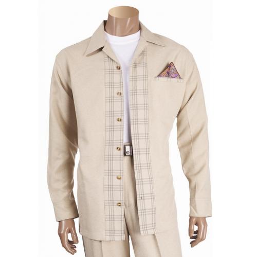 Giorgio Inserti Tan / Grey Sectional Windowpane Design Button Up Long Sleeve Outfit 137