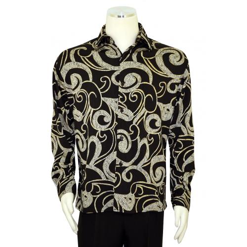 Pronti Black / Cream / Gold Lurex Embroidered Paisley Long Sleeve Shirt S6266