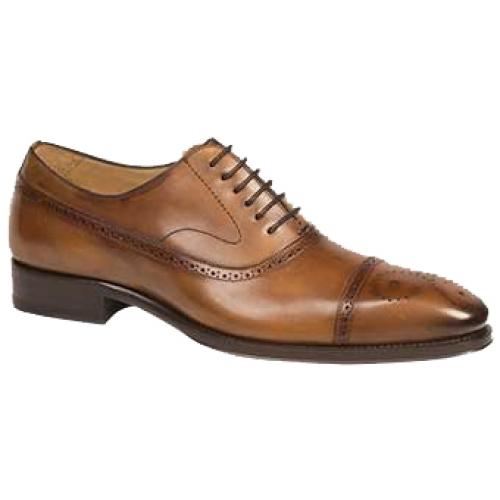 Mezlan "Alcala" 6697 Cognac Genuine Hand-Burnished Calfskin Cap Toe Oxford Shoes.