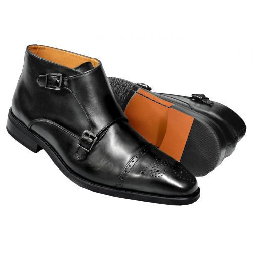 La Milano Black Burnished Leather Double Monk Strap Cap Toe Boots B51572