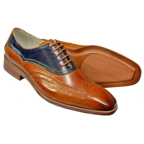 Giovanni "Cyprus" Cognac / Navy Blue Genuine Leather Wingtip Oxford Shoes