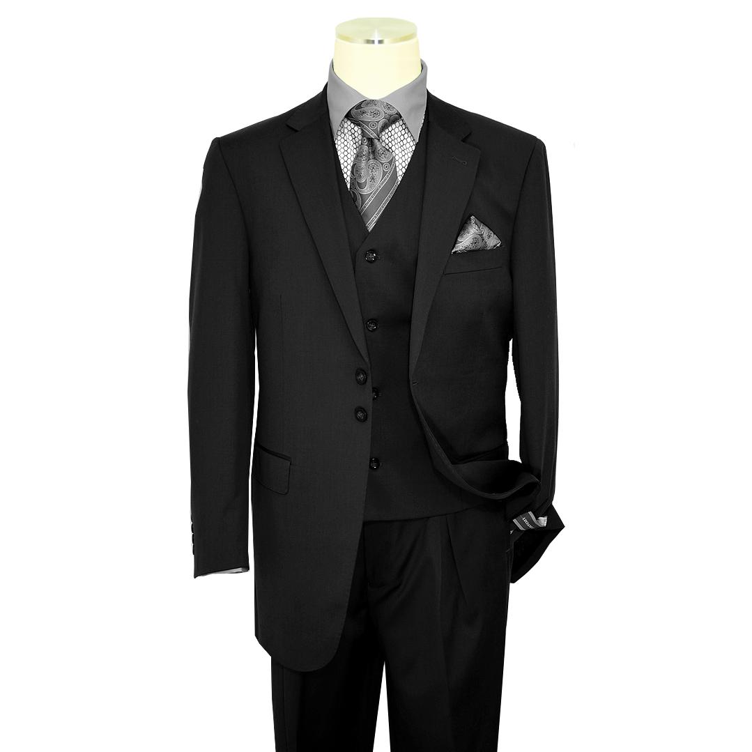 Luciano Carreli Solid Black Super 150'S Wool Vested Wide Leg Suit 6291 ...