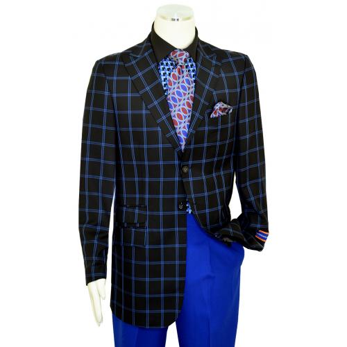 Luciano Carreli Black / Blue Double Windowpane Super 150's Wool Blazer SC2312-6215