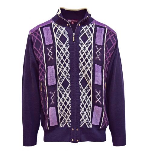 Silversilk Purple / Lavender / White Zip-Up Sweater With Snakeskin Print Elbow Patches 3232
