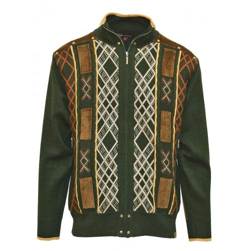 Silversilk Olive / Brown / Cream Zip-Up Sweater With Snakeskin Print Elbow Patches 3232