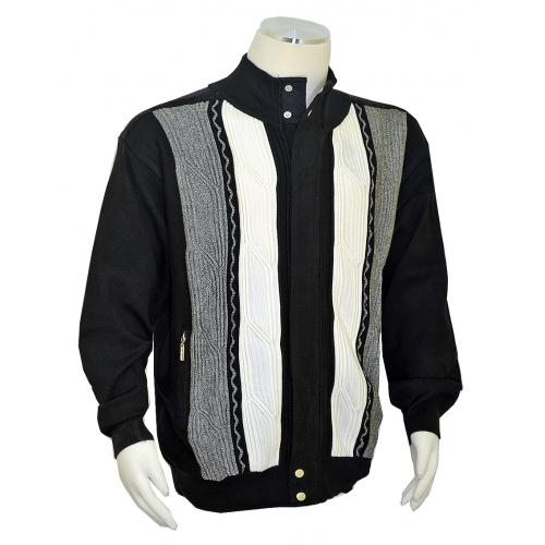 Silversilk Black / Off-White / Grey Zip-Up Sweater With Microsuede Elbow Patches 3238