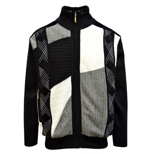 Silversilk Black / White Zip-Up Sweater With Snakeskin Print Elbow Patches / Faux Fur Collar 3248