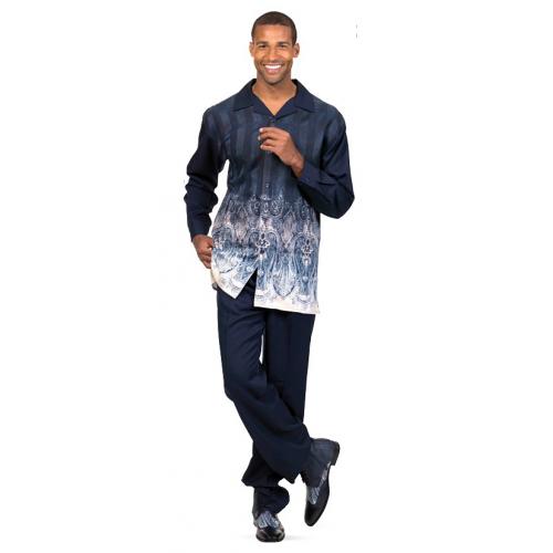 Montique Navy Blue / Tan Striped / Paisley Woven Long Sleeve Outfit 1773