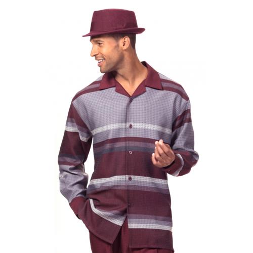 Montique Burgundy / Grey Multi Pattern Woven Long Sleeve Outfit 1719