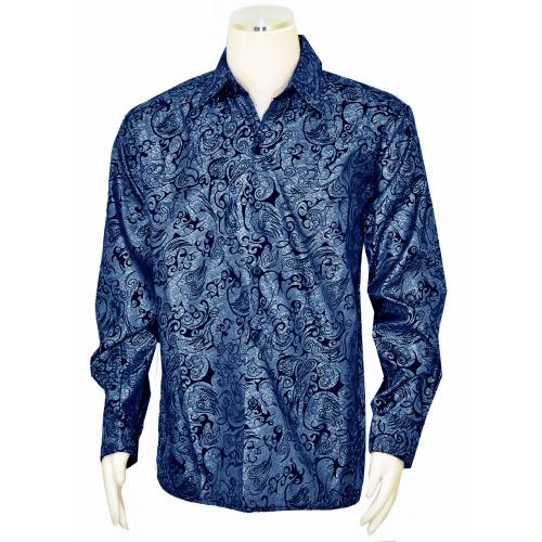 Pronti Navy Blue Paisley Design Velvet / Linen / Cotton Long Sleeve Shirt S6257