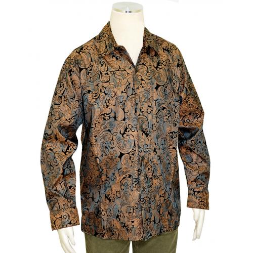 Pronti Brown / Black Paisley Design Velvet / Linen / Cotton Long Sleeve Shirt S6257