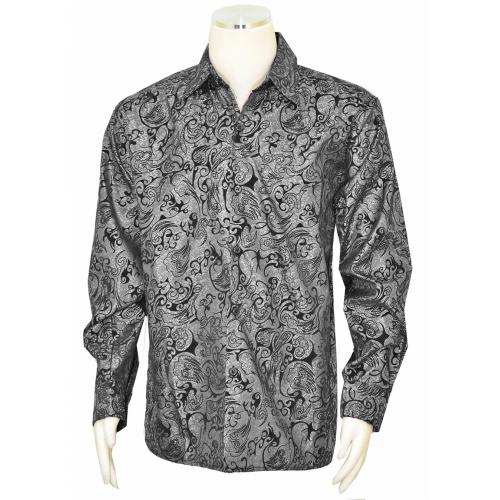 Pronti Grey Multi / Black Abstract Design Velvet Accented Long Sleeve Shirt S6258
