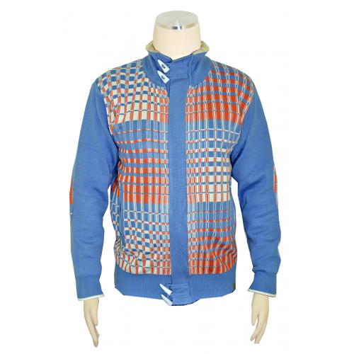 Silversilk Sky Blue / White / Orange Zip-Up Sweater With Elbow Patches / Faux Fur Collar 3202