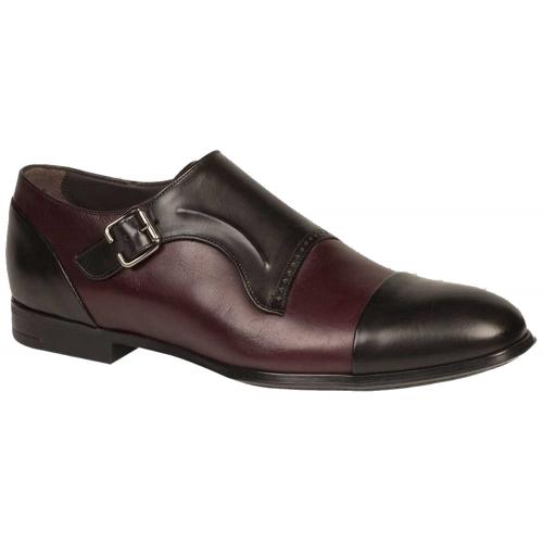 Bacco Bucci "Pinelli" Black / Burgundy Genuine Burnished Calfskin Cap Toe Monk Strap Loafer Shoes 2793-88.