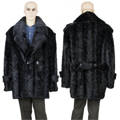 Winter Fur Black Men's Mink Paws Pea Coat With Full Skin Mink Collar M69Q01BK.