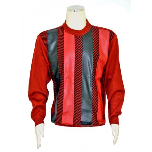 Bagazio Red / Black PU Leather Striped Pull-Over Sweater BM1657