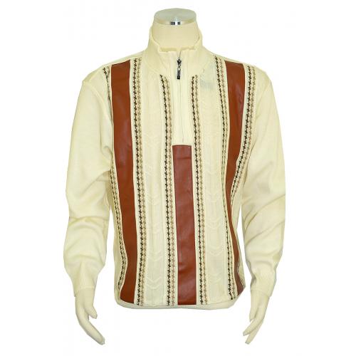 Bagazio Cream / Cognac PU Leather Geometric Pattern Zip-Up Sweater BM1755