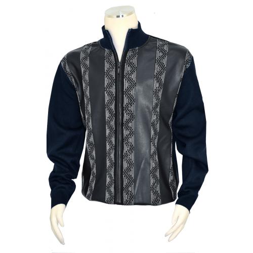 Bagazio Navy Blue / White PU Leather Geometric Pattern Zip-Up Sweater BM1753