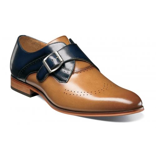 Stacy Adams "Saxton" Cognac / Navy Blue Burnished Leather Monk Strap Shoes 25178-238