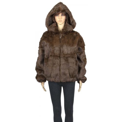 Winter Fur Ladies Brown Full Skin Rabbit Jacket With Detachable Hood W05S04WK.
