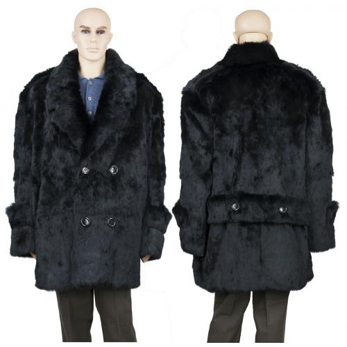 Winter Fur Black Men's Full Skin Rabbit Pea Coat M05Q01BK.