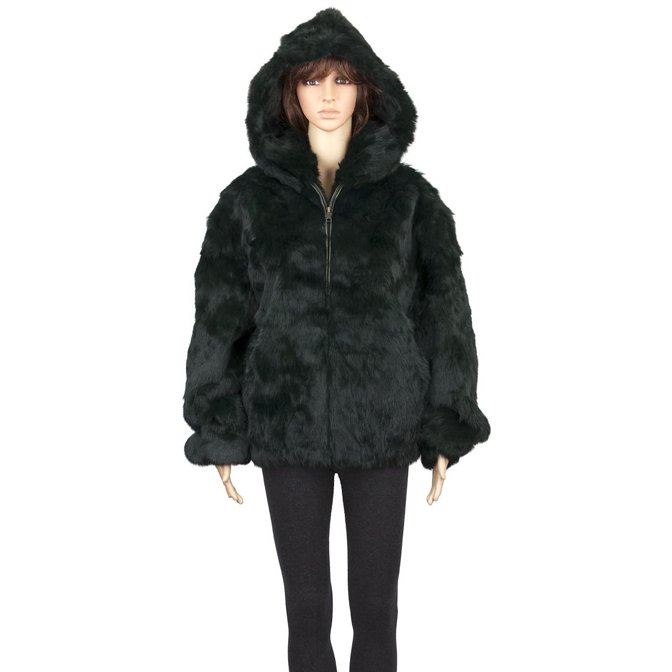 Winter Fur Ladies Green Full Skin Rabbit Jacket With Detachable Hood ...