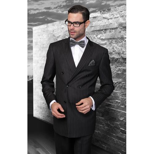 Statement Confidence Black / Grey Pinstripe Super 150's Wool Double Breasted Wide Leg Suit TZD-300