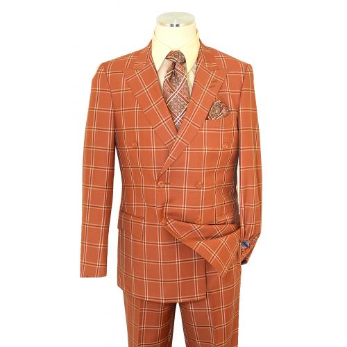 Luciano Carreli Rust / Brown Windowpane Super 150's Wool Double Breasted Classic Fit Suit 8687-9503