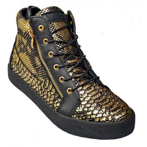 Fiesso Black / Gold Metallic Python Print PU Leather High Top Lace-Up Sneakers FI2272