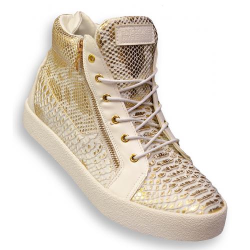 Fiesso White / Gold Metallic Python Print PU Leather High Top Lace-Up Sneakers FI2272