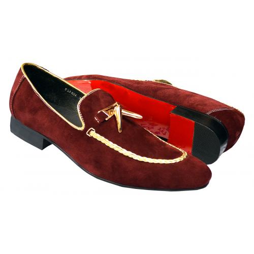 Fiesso Burgundy / Gold Suede Leather Loafers With Gold Tassels / Embroidery FI7157